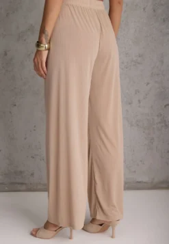Beżowe Szerokie Spodnie High Waist z Prążkowanej Tkaniny z Ozdobnym Guzikiem Dalifa