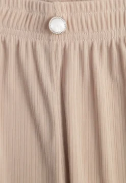 Beżowe Szerokie Spodnie High Waist z Prążkowanej Tkaniny z Ozdobnym Guzikiem Dalifa