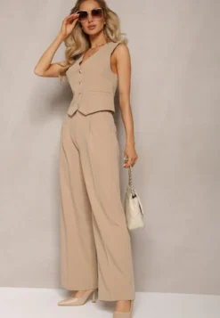 Beżowe Szerokie Spodnie High Waist Seraphella