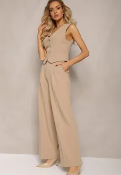 Beżowe Szerokie Spodnie High Waist Seraphella