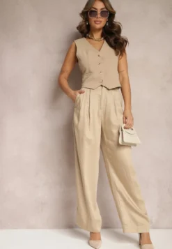 Beżowe Szerokie Spodnie High Waist z Kieszeniami Keanne