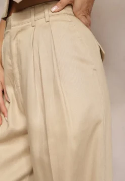Beżowe Szerokie Spodnie High Waist z Kieszeniami Keanne