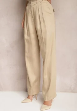 Beżowe Szerokie Spodnie High Waist z Kieszeniami Keanne