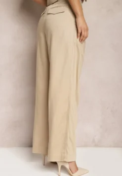 Beżowe Szerokie Spodnie High Waist z Kieszeniami Keanne