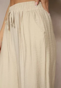 Beżowe Szerokie Spodnie High Waist z Wiskozy z Gumką w Talii Lannalie