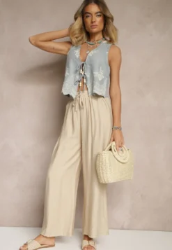 Beżowe Szerokie Spodnie High Waist z Wiskozy z Gumką w Talii Lannalie