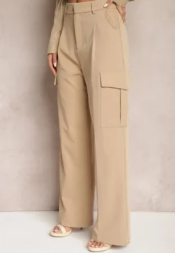 Beżowe Szerokie Spodnie High Waist w Eleganckim Stylu z Kieszeniami Cargo Dekanna