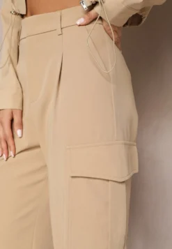 Beżowe Szerokie Spodnie High Waist w Eleganckim Stylu z Kieszeniami Cargo Dekanna