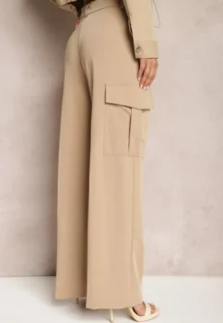 Beżowe Szerokie Spodnie High Waist w Eleganckim Stylu z Kieszeniami Cargo Dekanna