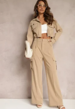 Beżowe Szerokie Spodnie High Waist w Eleganckim Stylu z Kieszeniami Cargo Dekanna