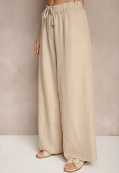 Beżowe Szerokie Spodnie High Waist Ozdobione Wiązaniem Telonia