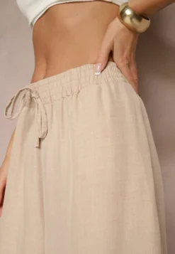 Beżowe Szerokie Spodnie High Waist Ozdobione Wiązaniem Telonia