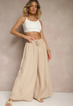 Beżowe Szerokie Spodnie High Waist Ozdobione Wiązaniem Telonia