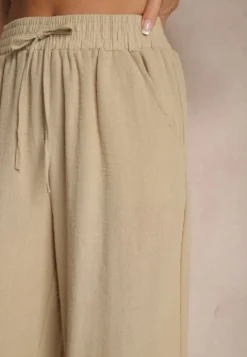 Beżowe Szerokie Spodnie Palazzo High Waist z Ozdobnym Wiązaniem Arandiel