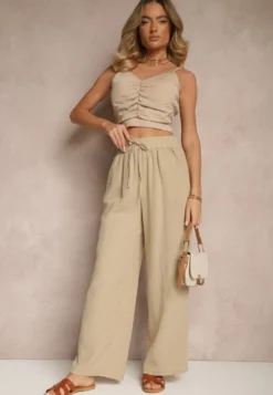 Beżowe Szerokie Spodnie Palazzo High Waist z Ozdobnym Wiązaniem Arandiel