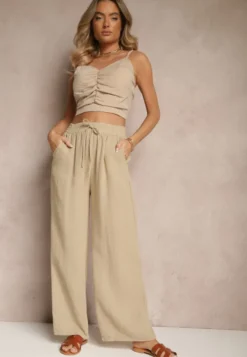 Beżowe Szerokie Spodnie Palazzo High Waist z Ozdobnym Wiązaniem Arandiel