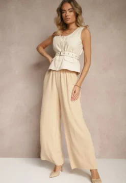Beżowe Szerokie Spodnie Typu Palazzo High Waist Araneira