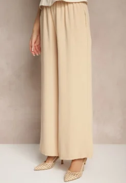 Beżowe Szerokie Spodnie Typu Palazzo High Waist Araneira