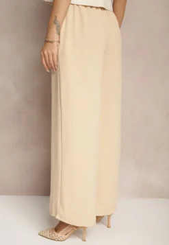 Beżowe Szerokie Spodnie Typu Palazzo High Waist Araneira