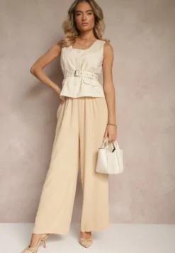 Beżowe Szerokie Spodnie Typu Palazzo High Waist Araneira