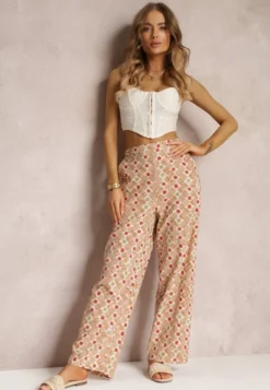 Beżowe Szerokie Spodnie w Fantazyjny Print Bawełniane Rosabella
