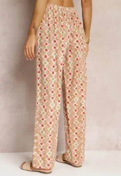 Beżowe Szerokie Spodnie w Fantazyjny Print Bawełniane Rosabella