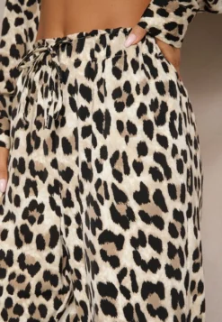 Beżowe Szerokie Spodnie w Panterkę High Waist z Wiązaniem i Gumką w Pasie Dorirae