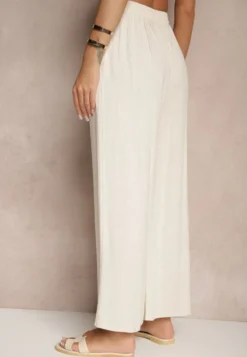 Beżowe Szerokie Spodnie z Lnem High Waist Sanitria