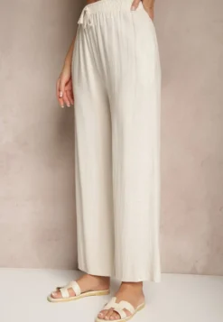 Beżowe Szerokie Spodnie z Lnem High Waist Sanitria