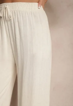 Beżowe Szerokie Spodnie z Lnem High Waist Sanitria