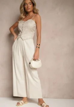 Beżowe Szerokie Spodnie z Lnem High Waist Sanitria