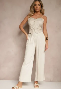 Beżowe Szerokie Spodnie z Lnem High Waist Sanitria