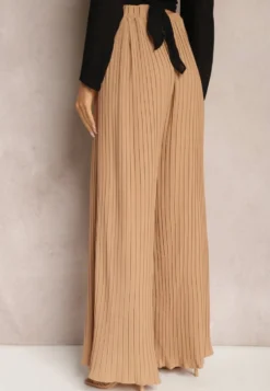Beżowe Szerokie Spodnie z Plisami High Waist Mirealli