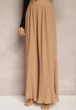 Beżowe Szerokie Spodnie z Plisami High Waist Mirealli