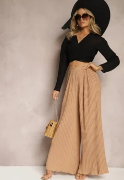 Beżowe Szerokie Spodnie z Plisami High Waist Mirealli