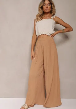 Beżowe Szerokie Spodnie z Plisami High Waist Mirealli