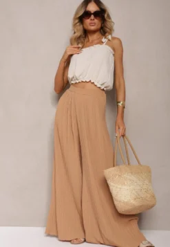 Beżowe Szerokie Spodnie z Plisami High Waist Mirealli