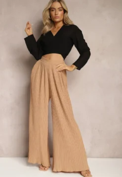 Beżowe Szerokie Spodnie z Plisami High Waist Mirealli
