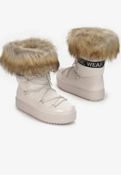 Beżowe Sznurowane Śniegowce Zdobione Futrem Volumnia