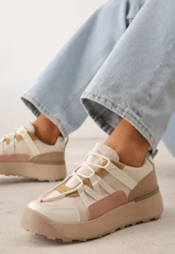 Beżowe Sznurowane Płaskie Sneakersy z Kolorowymi Wstawkami Wonise