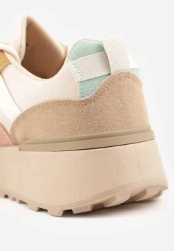 Beżowe Sznurowane Płaskie Sneakersy z Kolorowymi Wstawkami Wonise