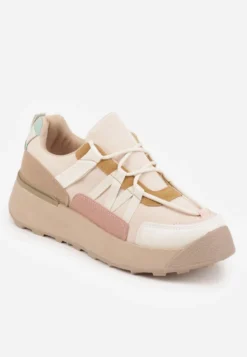 Beżowe Sznurowane Płaskie Sneakersy z Kolorowymi Wstawkami Wonise