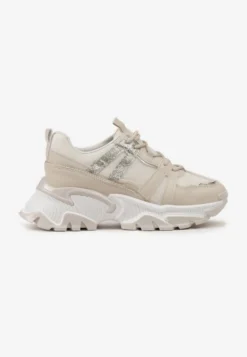 Beżowe Sznurowane Sneakersy na Grubej Podeszwie ze Wstawkami i Brokatem Widgeta