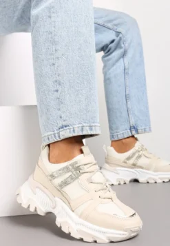 Beżowe Sznurowane Sneakersy na Grubej Podeszwie ze Wstawkami i Brokatem Widgeta