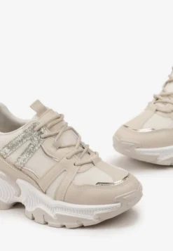 Beżowe Sznurowane Sneakersy na Grubej Podeszwie ze Wstawkami i Brokatem Widgeta