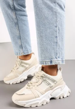 Beżowe Sznurowane Sneakersy na Grubej Podeszwie ze Wstawkami i Brokatem Widgeta