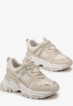Beżowe Sznurowane Sneakersy na Grubej Podeszwie ze Wstawkami i Brokatem Widgeta