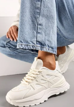Beżowe Sznurowane Sneakersy na Grubej Podeszwie z Ozdobnymi Wstawkami Ilira
