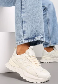 Beżowe Sznurowane Sneakersy na Grubej Podeszwie z Ozdobnymi Wstawkami Ilira