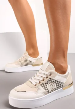 Beżowe Sznurowane Sneakersy na Grubej Podeszwie z Ozdobną Wstawką Minsa